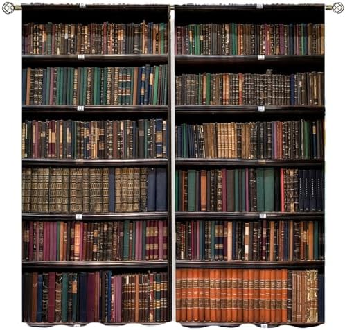 Bookshelf Curtains Vintage Library with Books Window Treatments for Kids Bedroom