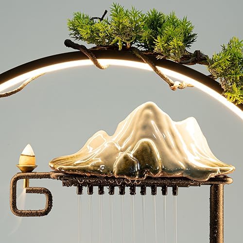 Ceramic Tabletop Water Fountain with Incense Holder and LED Light