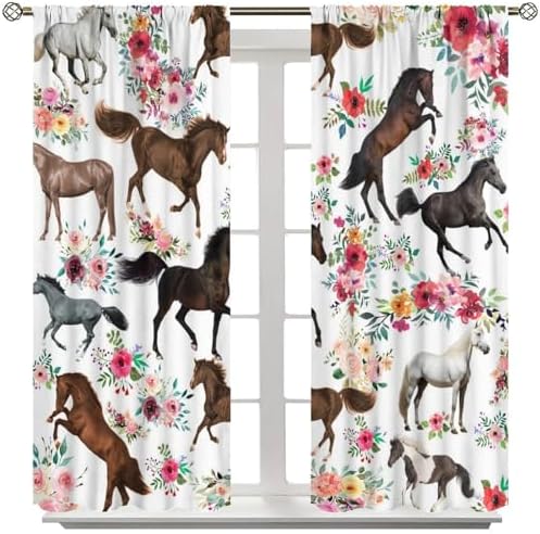 Girls Horse Blackout Curtains with Pink Flower Design