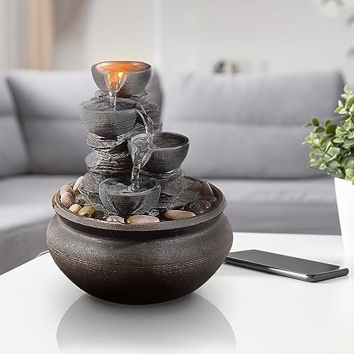 Teamson Home Indoor Tabletop Zen Waterfall Fountain with LED Lights and Pump Stone Gray