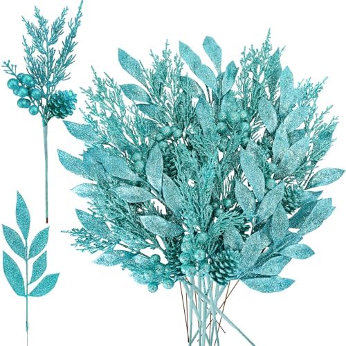 Winlyn 24 Pcs Teal Glitter Christmas Decoration Picks