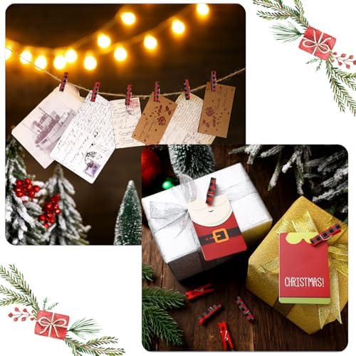 50 Pieces Christmas Photo Clips Buffalo Plaid Wooden Hanging Pegs