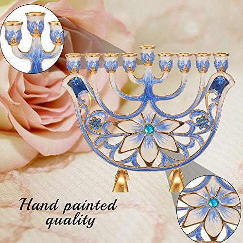 Matashi MTMNR13547 Hand Painted Ivory Menorah with Gold Accents and Blue Flowers