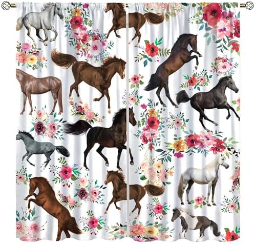 Girls Horse Blackout Curtains with Pink Flower Design