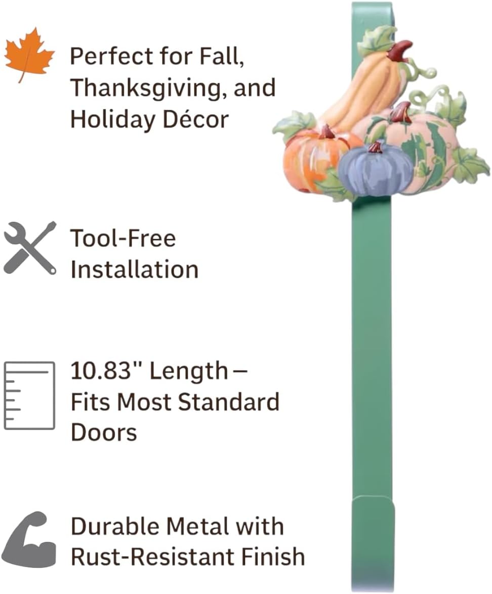 Fall Wreath Hanger for Front Door - 1236 Green Metal Hook with Pastel Pumpkin and Gourd Design