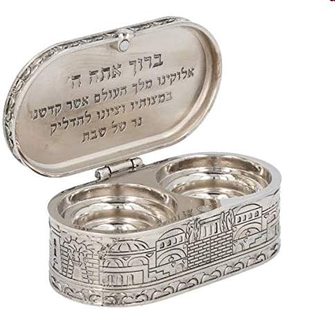 Jewish Shabbat Travel Candlesticks - Jerusalem View Nickel Plated Set