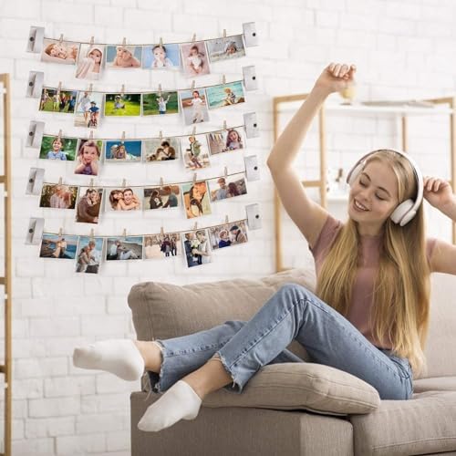 Wooden Photo Wall Display with 5 Strings and 30 Clips