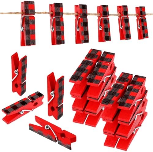 50 Pieces Christmas Photo Clips Buffalo Plaid Wooden Hanging Pegs