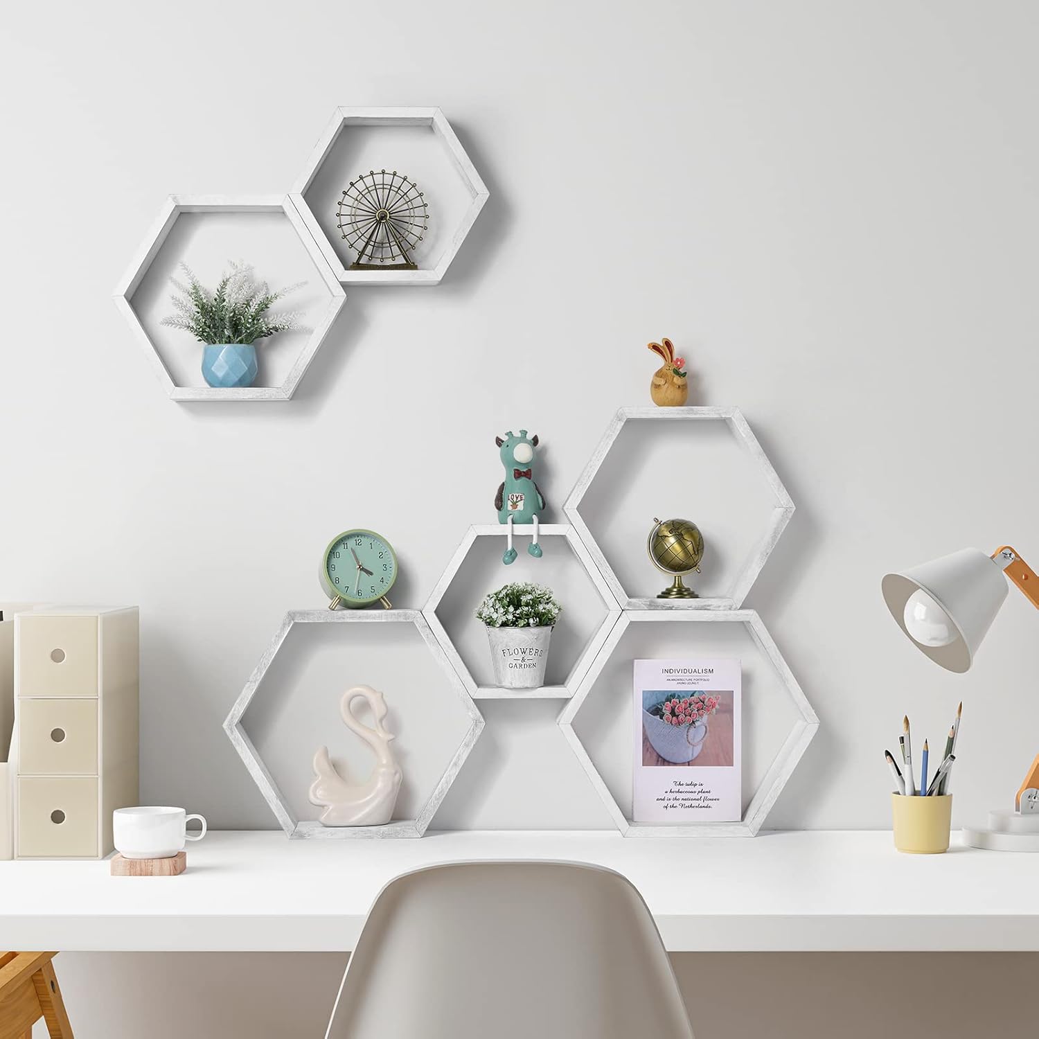 YBING Hexagon Floating Shelves Set of 6 Grey-White