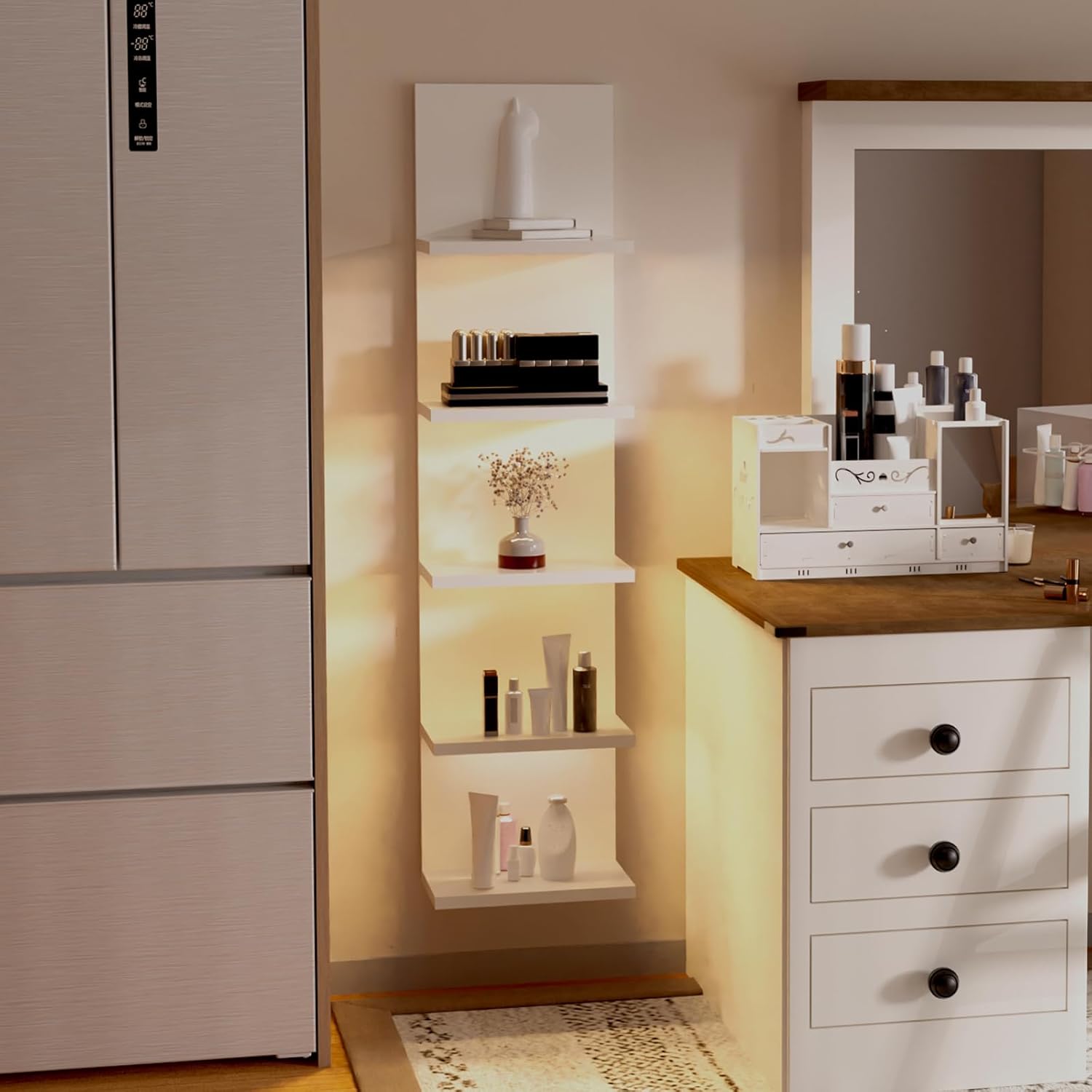 5 Tier Wall Shelf With Light White Modern Vertical Floating Shelves for Home Decor