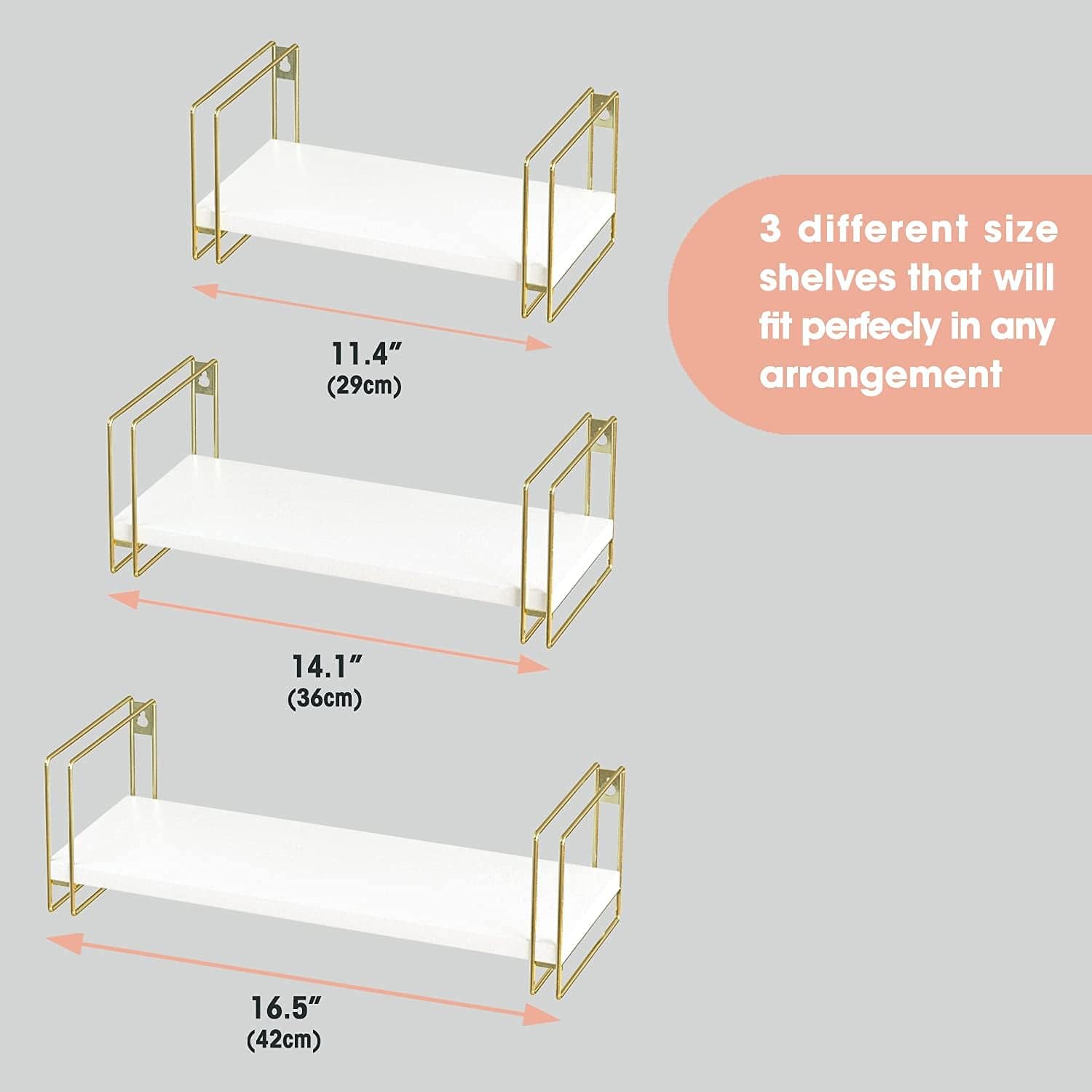 3 Piece White Floating Shelves with Gold Frames for Home