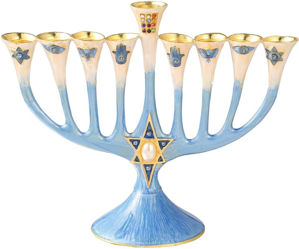 Matashi Hand Painted Enamel Menorah with Crystals and Gold Accents