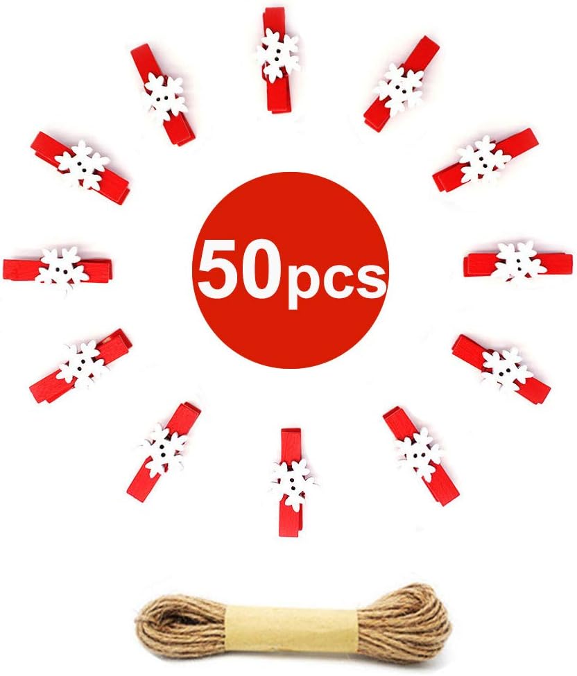 50PCS Christmas Wooden Photo Clips with Jute Twine for Cards and Crafts
