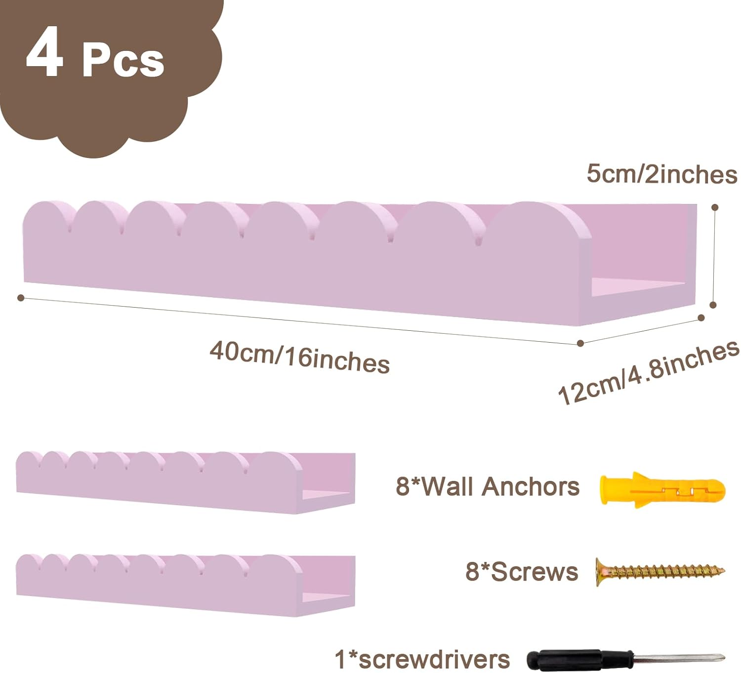 Scalloped Wall Bookshelf Set of 4 - Pink 16 Inch