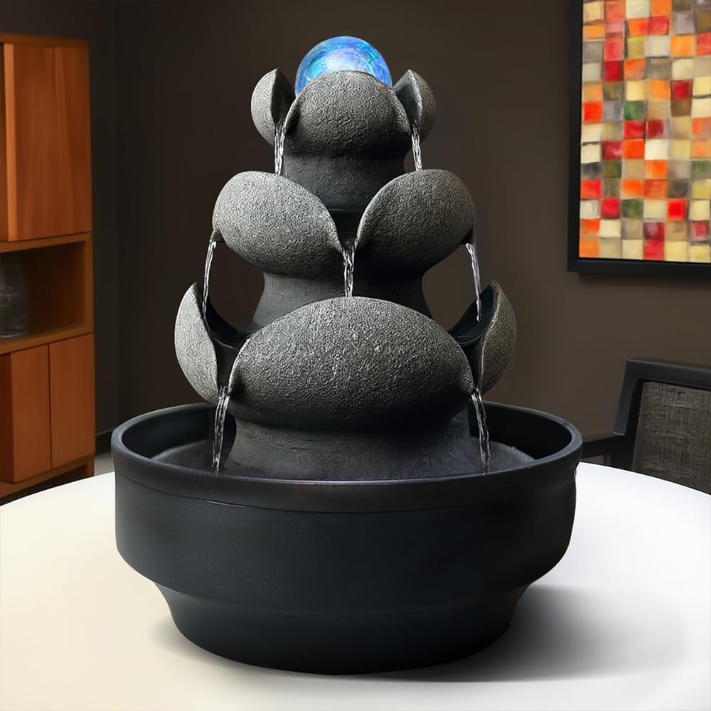 Lotus Stone Tabletop Fountain with LED Light and Spinning Ball