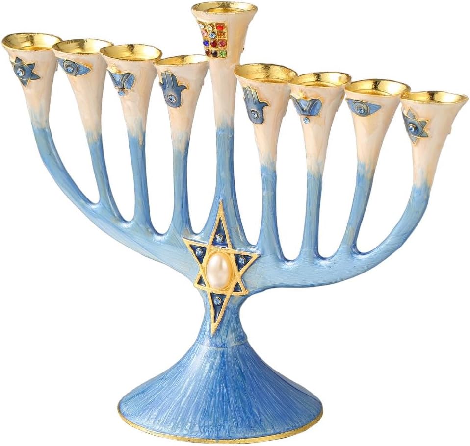 Matashi Hand Painted Enamel Menorah with Crystals and Gold Accents