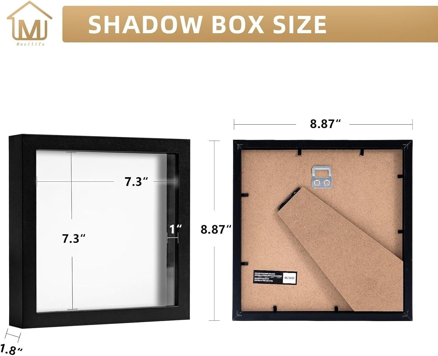 Muzilife 8x8 Shadow Box Frame Black with Glass and Wood