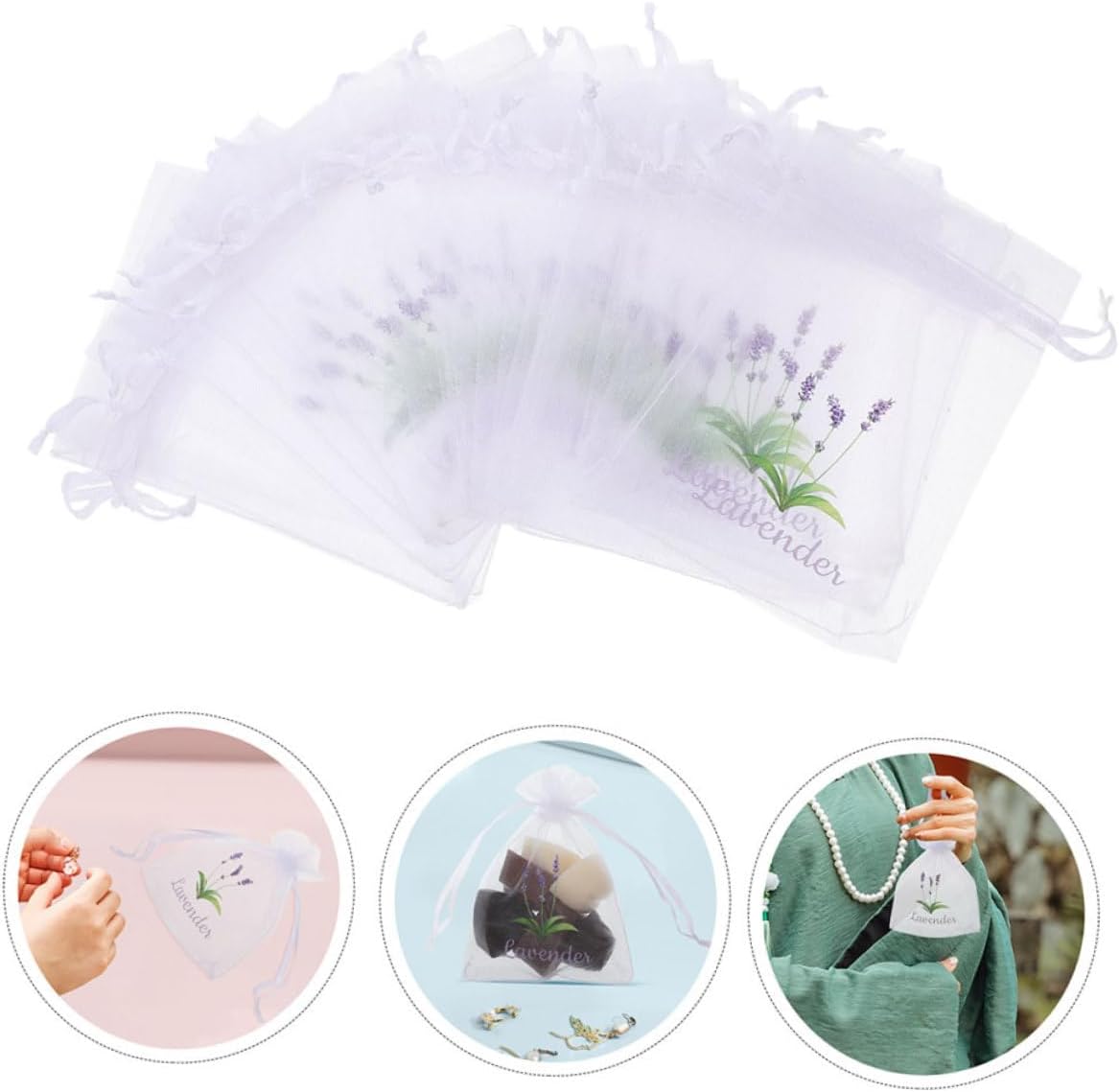 VOSAREA 20pcs Lavender Scented Sachets Drawstring Organza Mesh Bags for Home Storage and Freshening