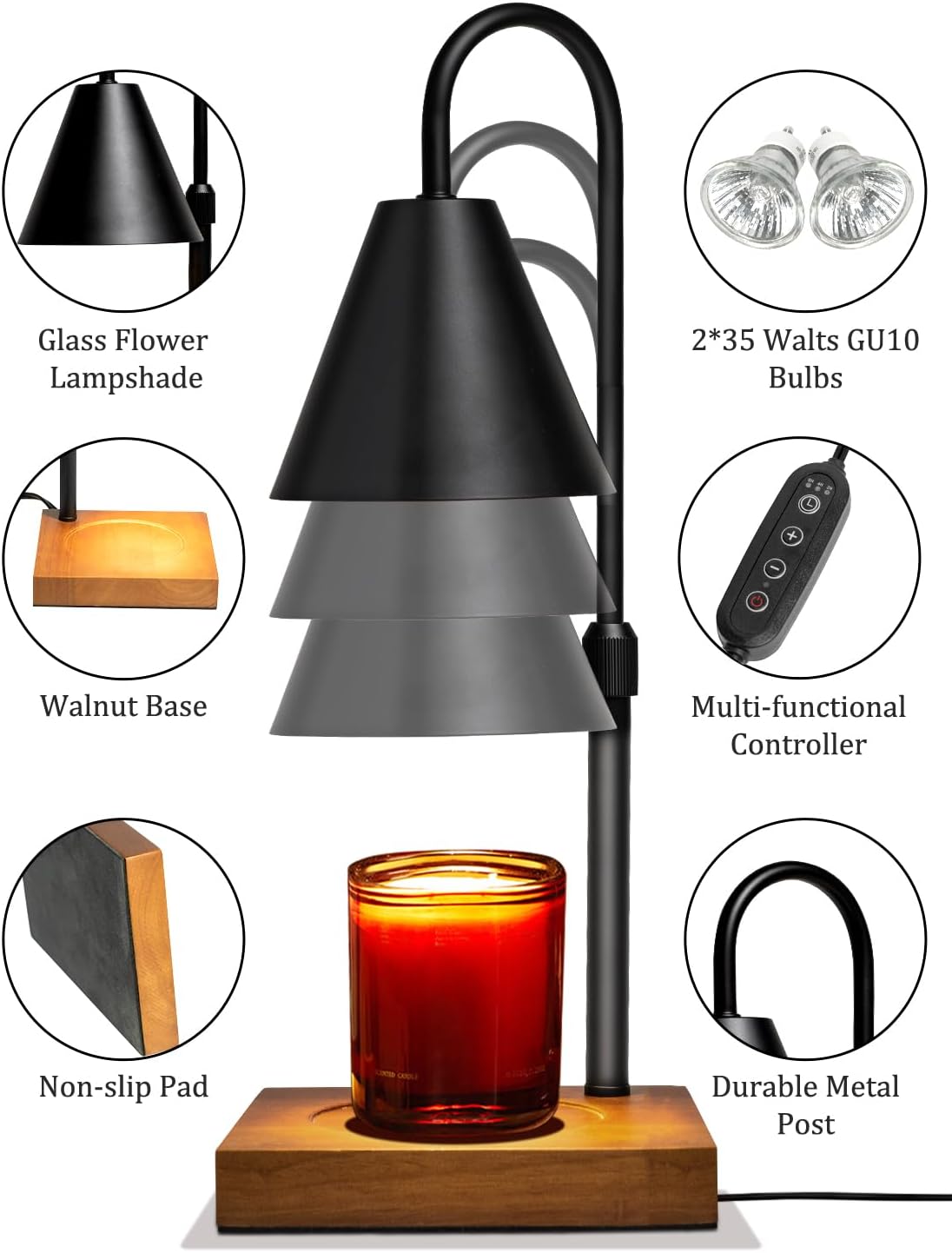 Electric Candle Warmer Lamp with Timer and Dimmer Adjustable Height Walnut Wood Base Black