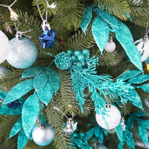 Winlyn 24 Pcs Teal Glitter Christmas Decoration Picks