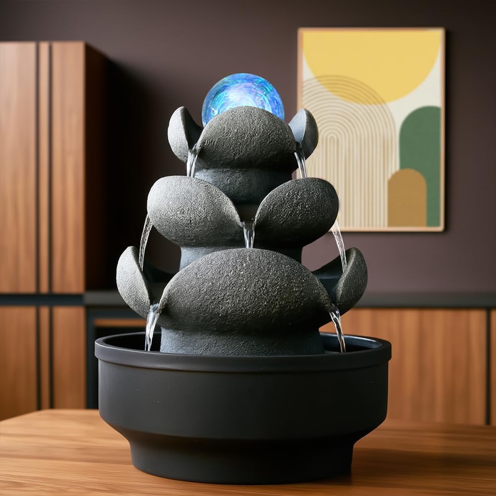 Lotus Stone Tabletop Fountain with LED Light and Spinning Ball