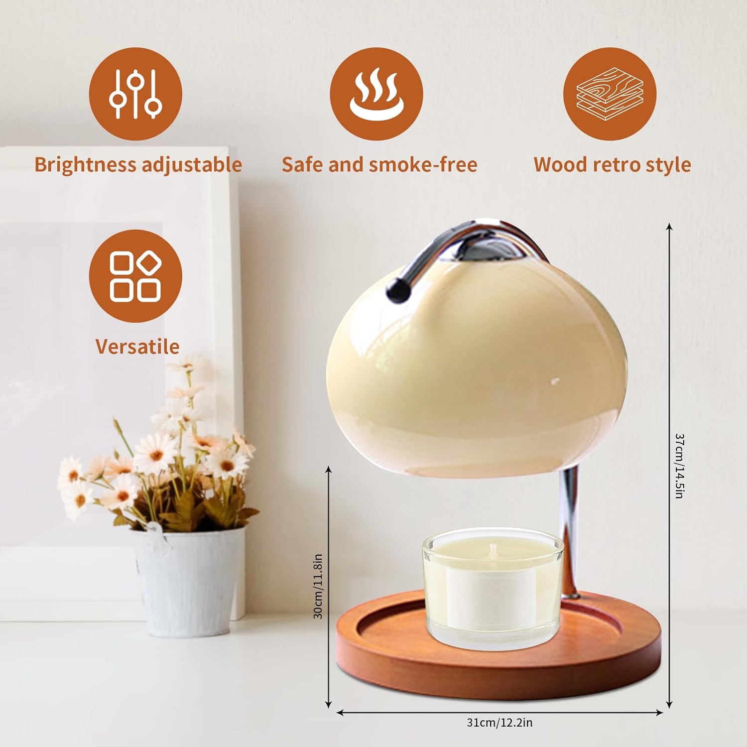 Retro Wood Candle Lamp with Glass Warmer and Dimmable Light