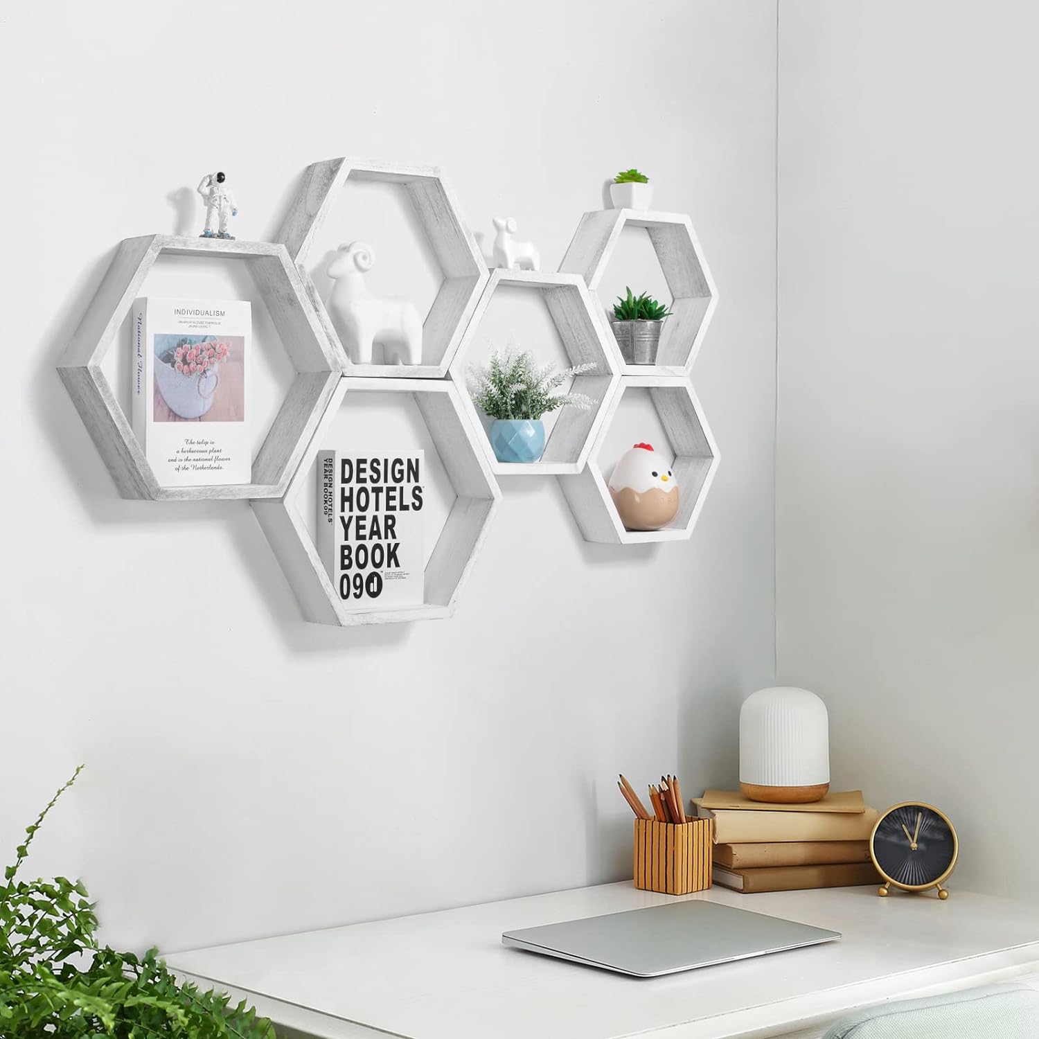 YBING Hexagon Floating Shelves Set of 6 Grey-White