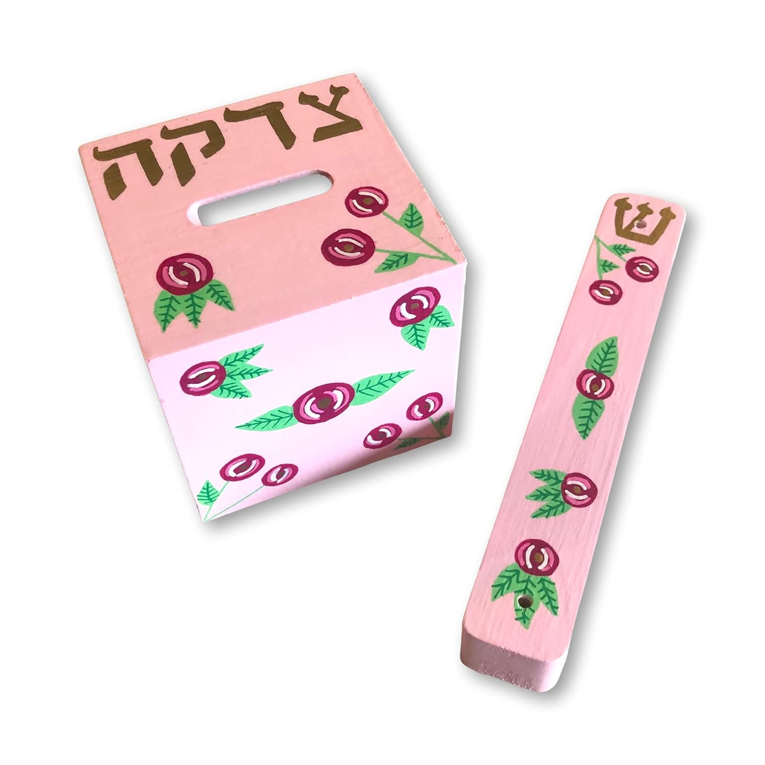 Tzedakah Box and Mezuzah Set with Pink Roses