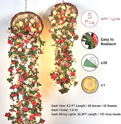 BLEUM CADE Artificial Rose Garland with String Lights 5Pcs