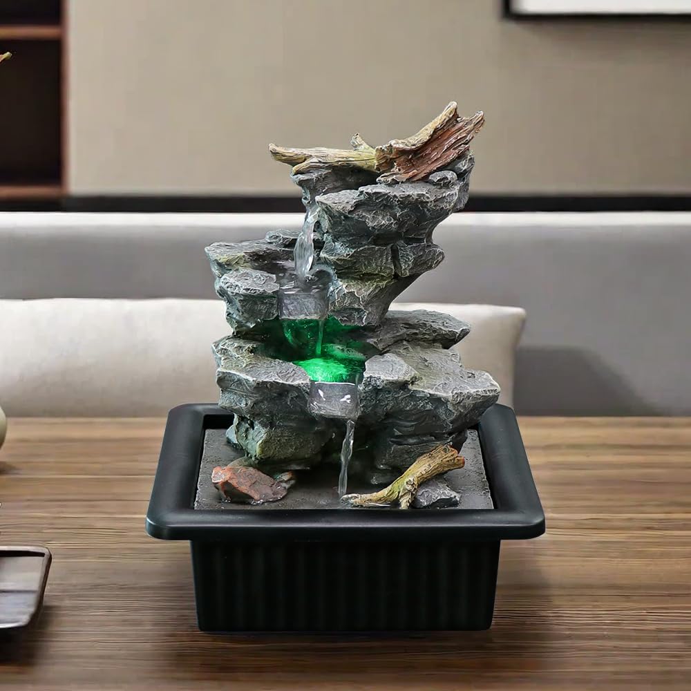 Rock Cascading Tabletop Water Fountain with LED Light Grey