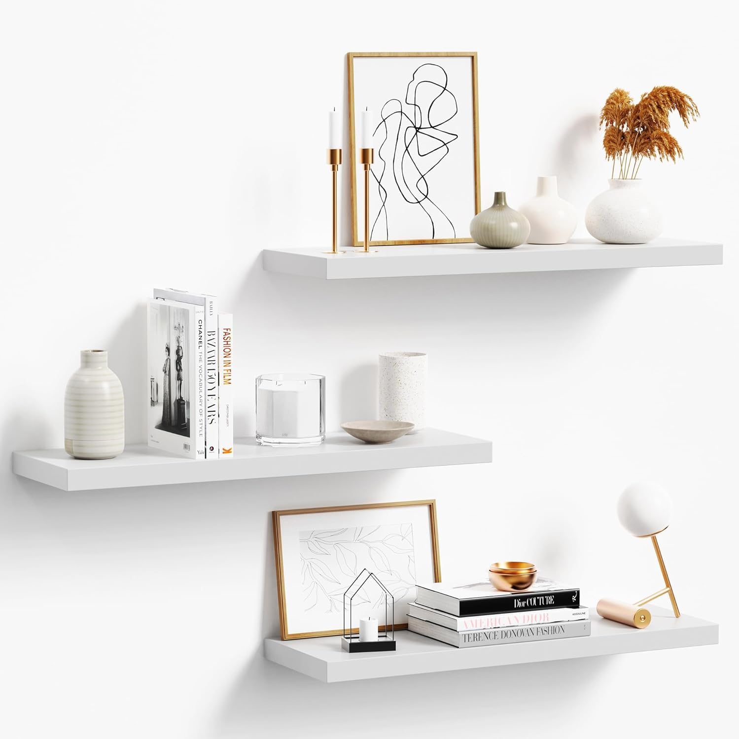 White Wood Floating Shelves Set of 3 for Wall