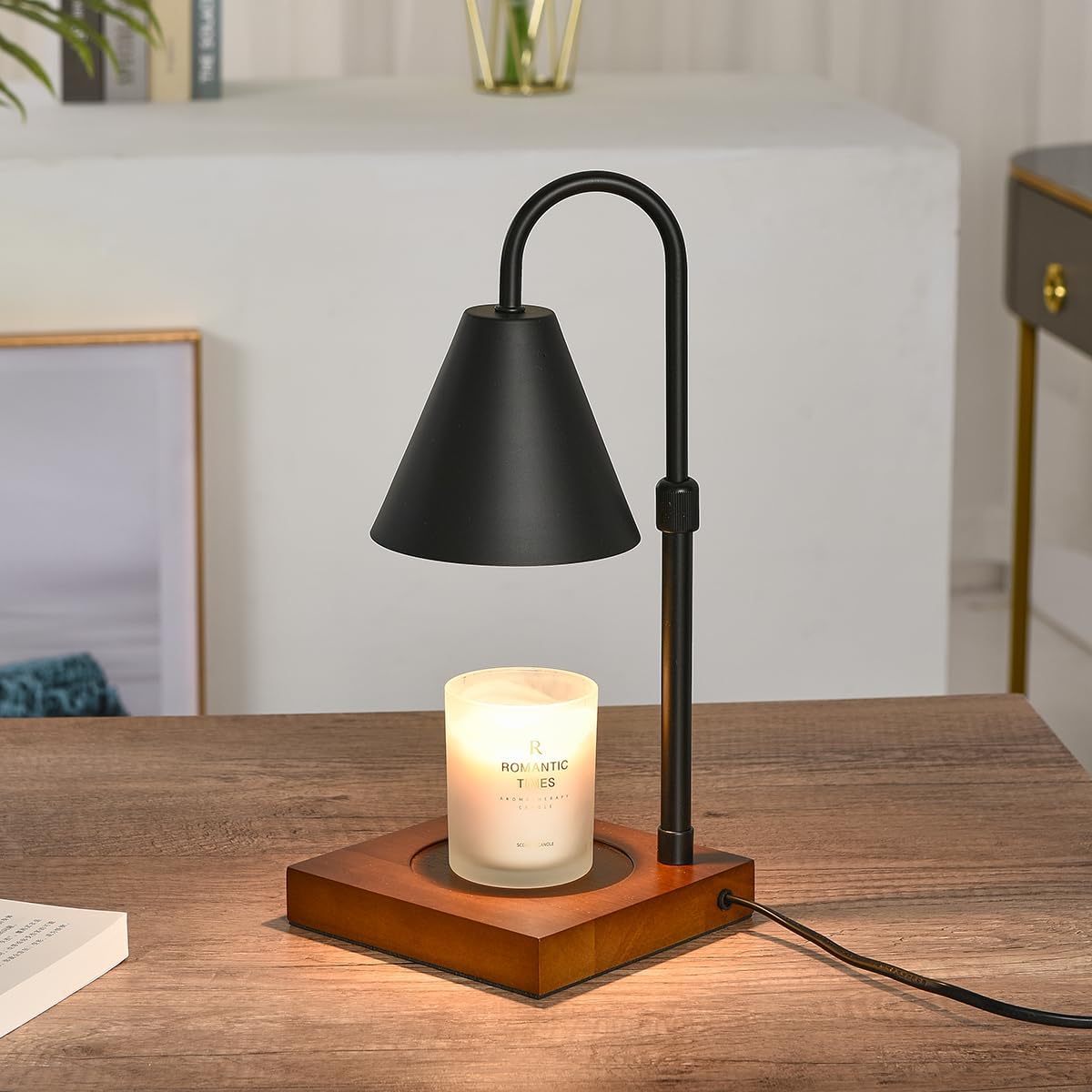 Electric Candle Warmer Lamp with Timer and Dimmer Adjustable Height Walnut Wood Base Black