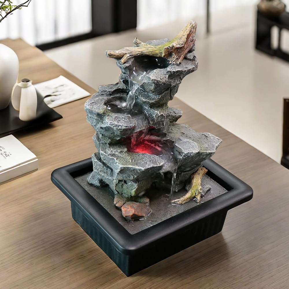 Rock Cascading Tabletop Water Fountain with LED Light Grey