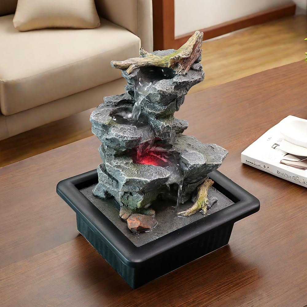 Rock Cascading Tabletop Water Fountain with LED Light Grey