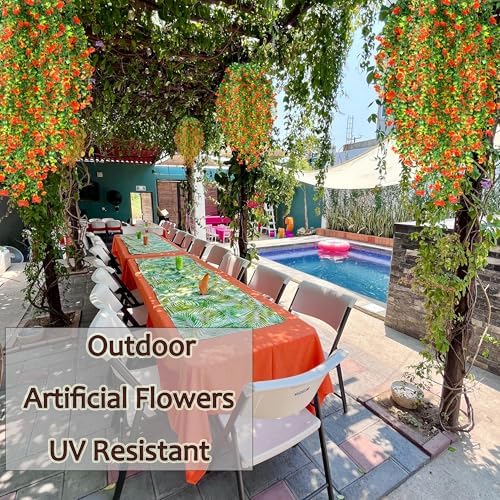 Artificial Wall Hanging Flowers UV Resistant 4 Bundles Orange Green
