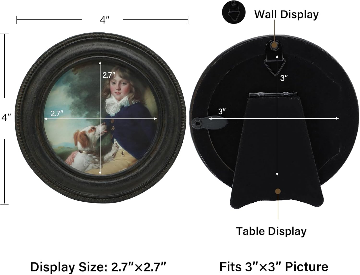 3x3 Small Vintage Round Picture Frame Mini Antique Black Grey Ornate Artistic Display Frame