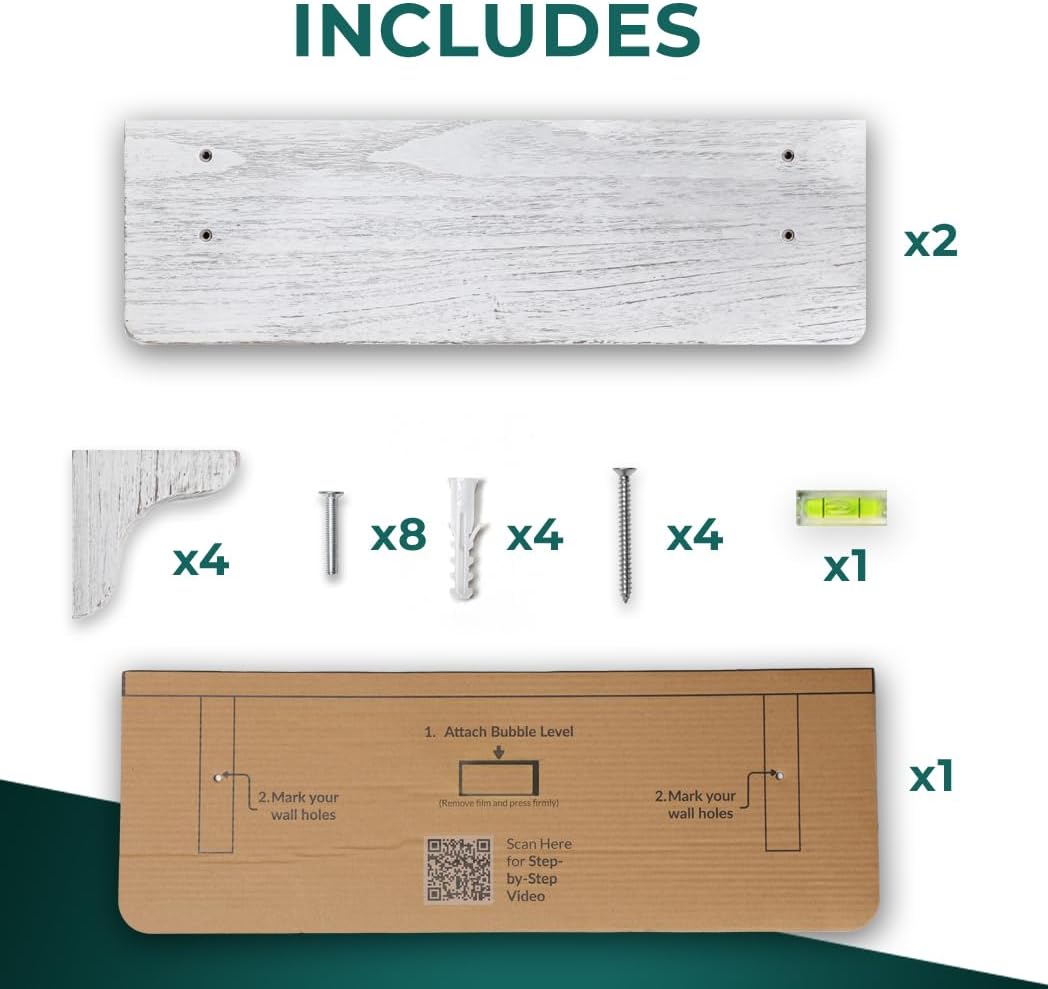Real Wood Rustic White Wall Shelves - 17 Inch 2 Pack
