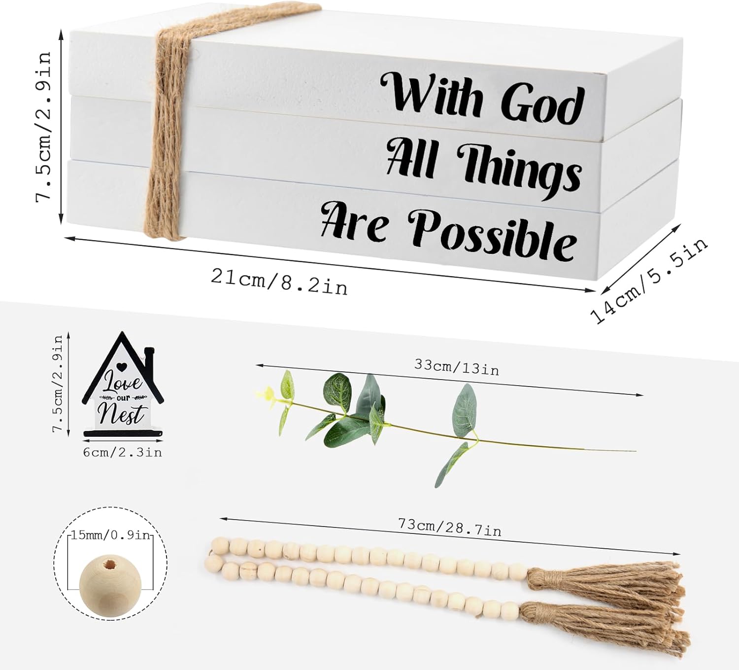 Rustic Farmhouse Decorative Books Set with Tassels and Leaves