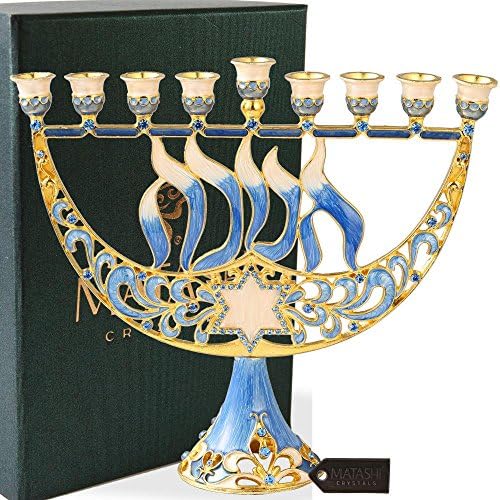 Matashi Hand Painted Enamel Menorah with Star of David and Hanukkah Design