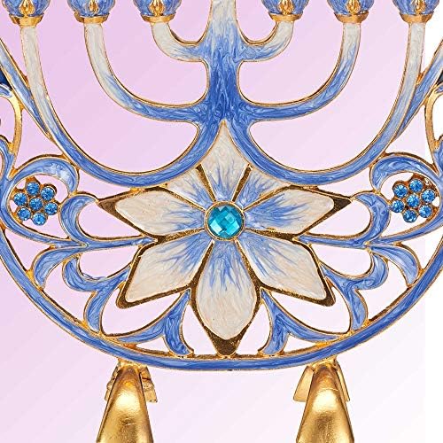 Matashi MTMNR13547 Hand Painted Ivory Menorah with Gold Accents and Blue Flowers