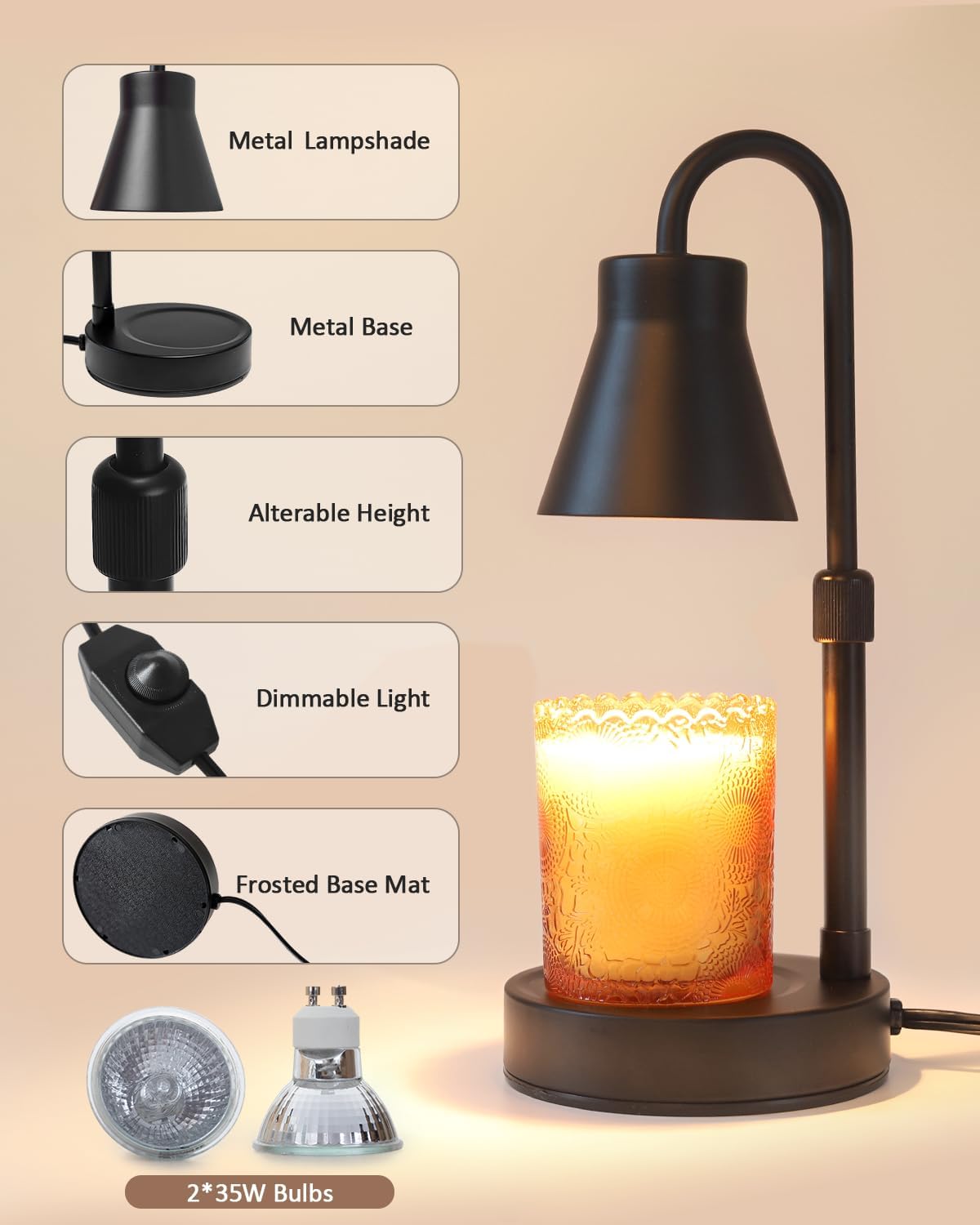 Candle Warmer Lamp with Adjustable Height and Stepless Dimming