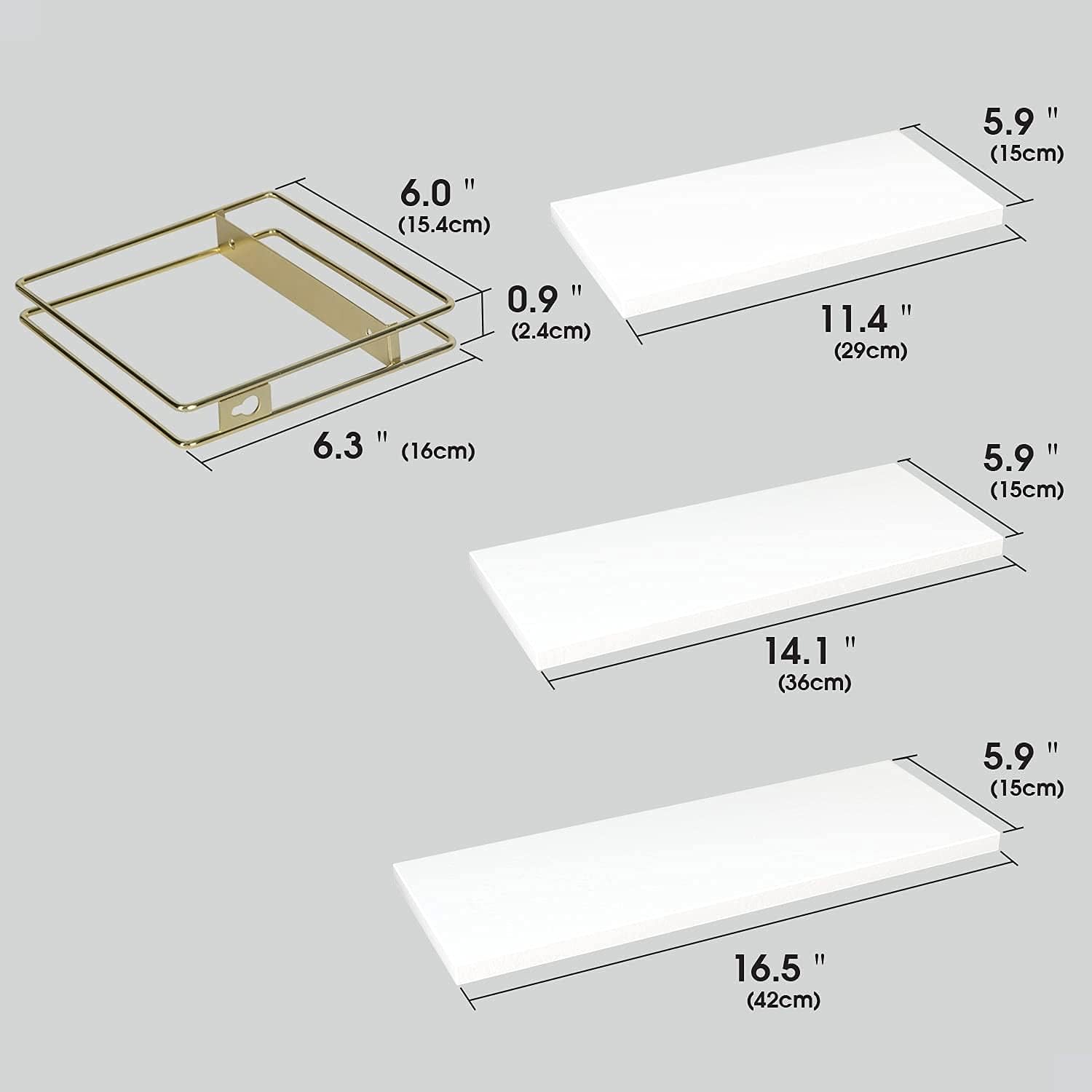 3 Piece White Floating Shelves with Gold Frames for Home