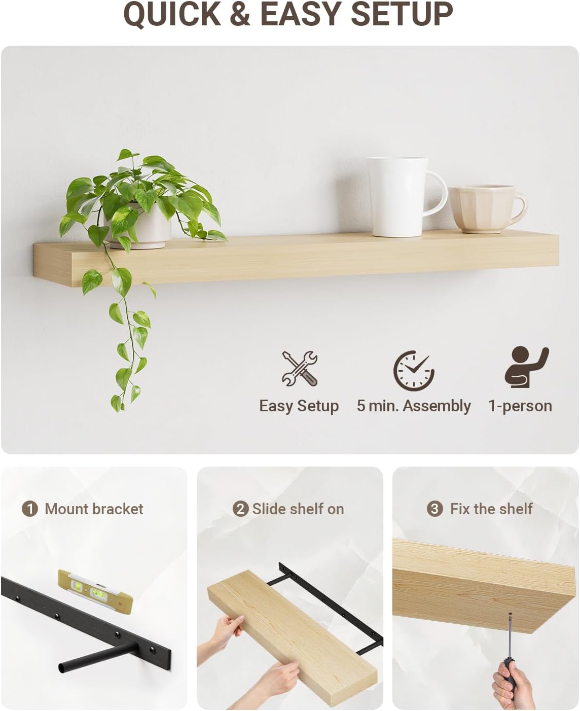 QueenFun White Oak Floating Shelves 2 Inch Thick 2-Piece
