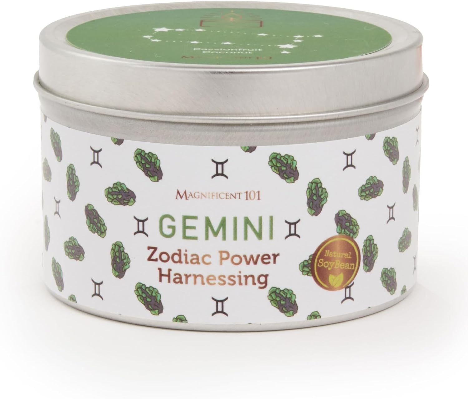 Magnificent 101 Gemini Candle 6 Oz Round Tin Green White