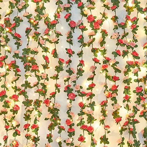 BLEUM CADE Artificial Rose Garland with String Lights 5Pcs