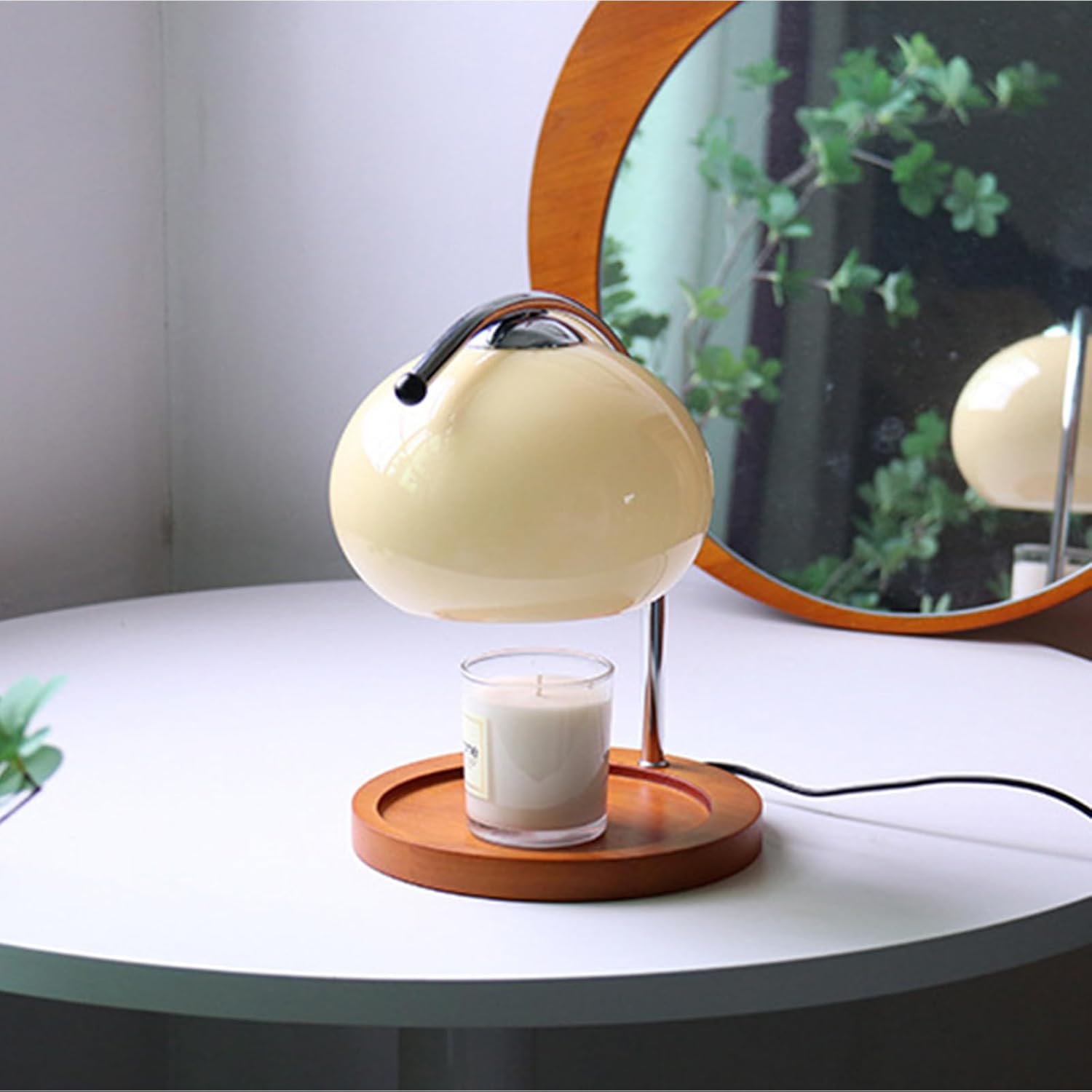 Retro Wood Candle Lamp with Glass Warmer and Dimmable Light