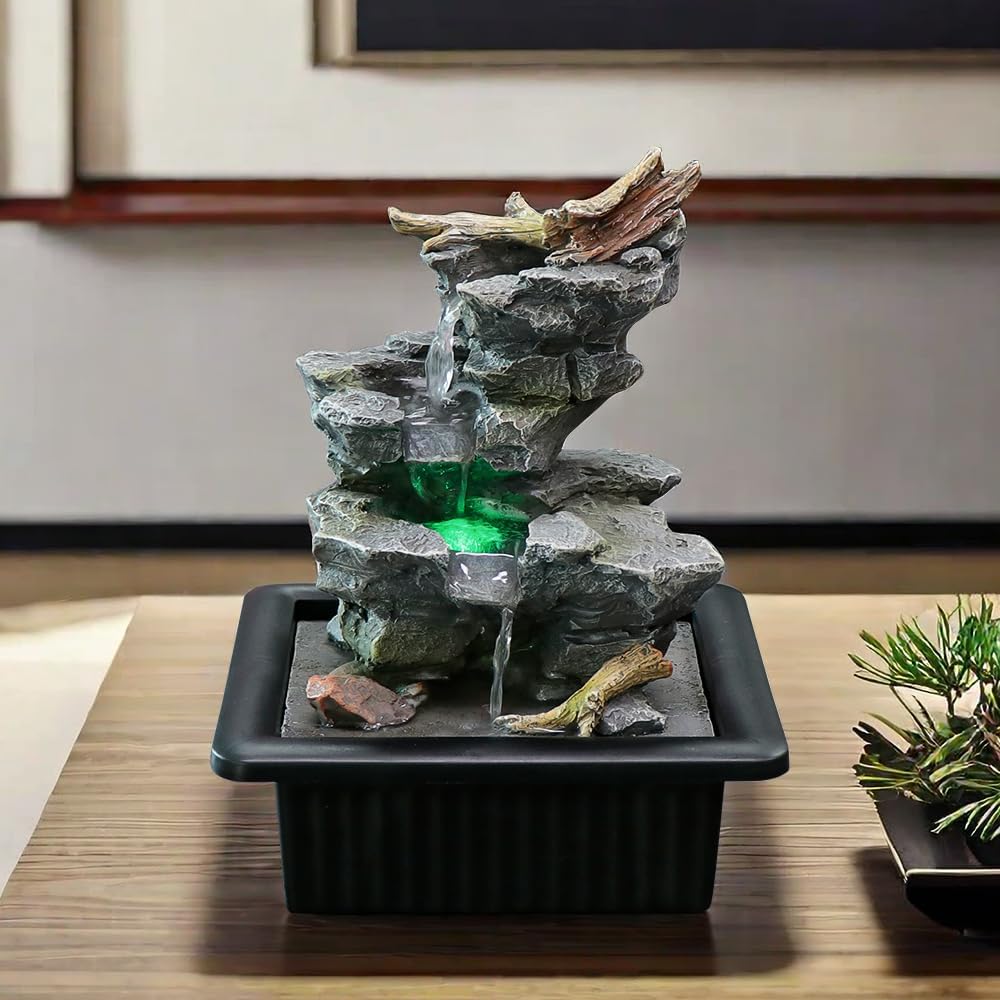 Rock Cascading Tabletop Water Fountain with LED Light Grey