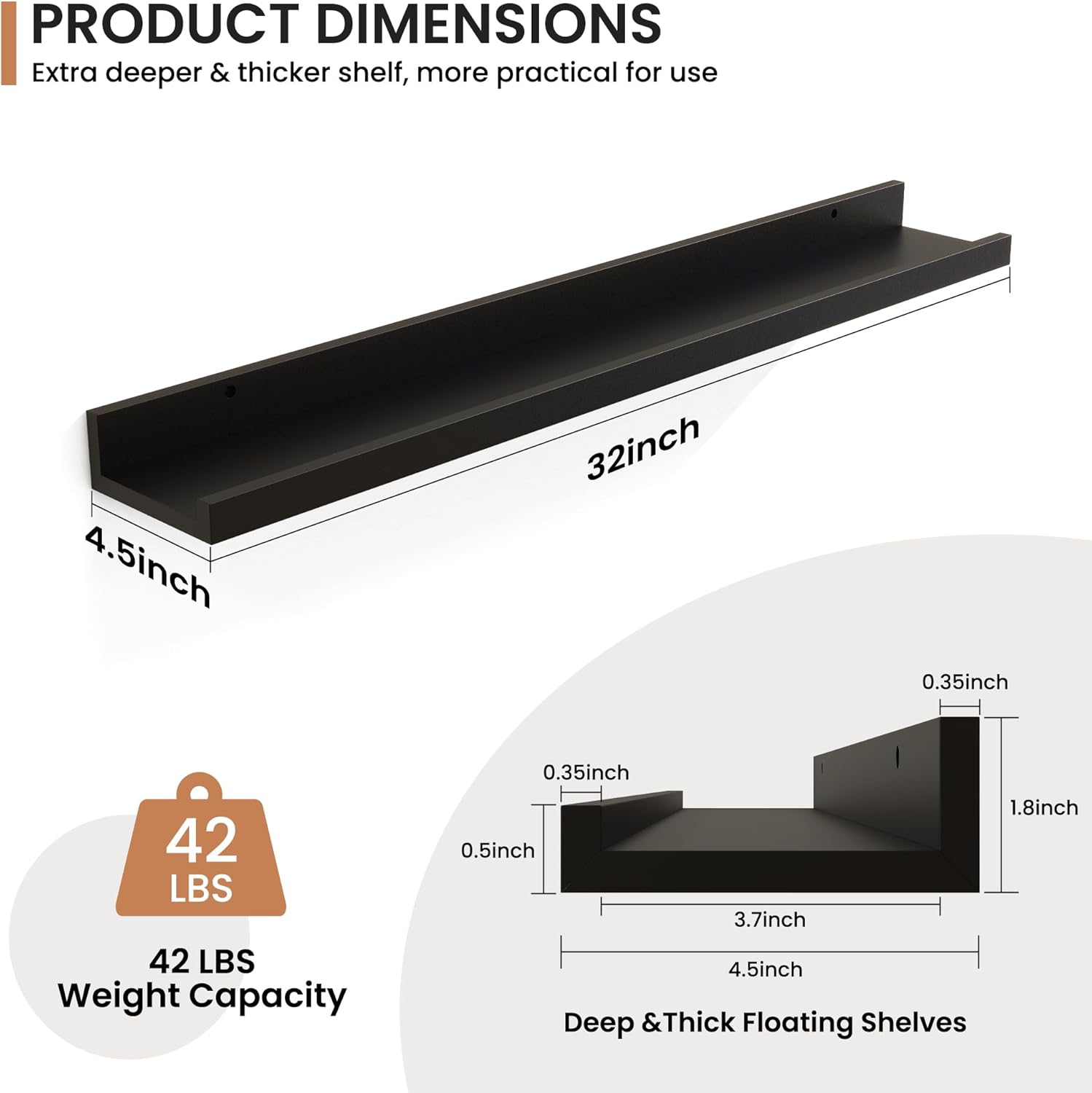 Fun Memories Floating Shelves Set of 2 32 Inch Black Rustic Wall Mounted Picture Ledge Storage