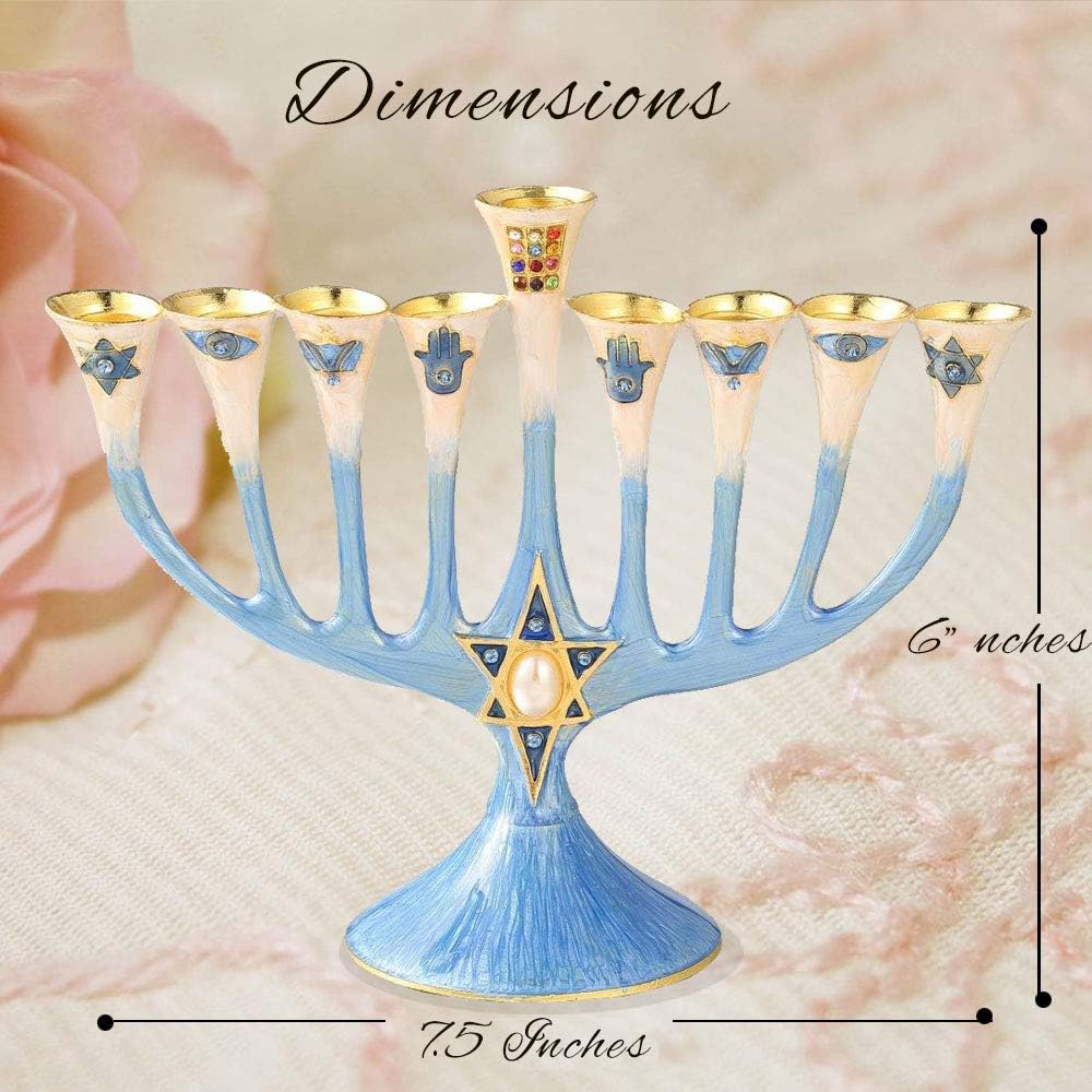 Matashi Hand Painted Enamel Menorah with Crystals and Gold Accents