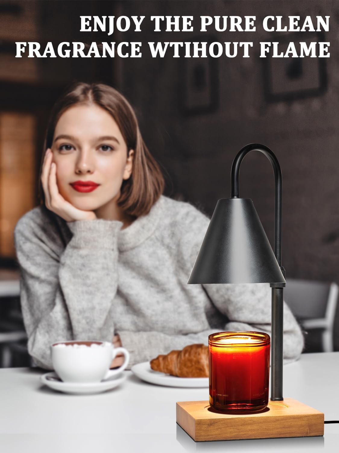 Electric Candle Warmer Lamp with Timer and Dimmer Adjustable Height Walnut Wood Base Black